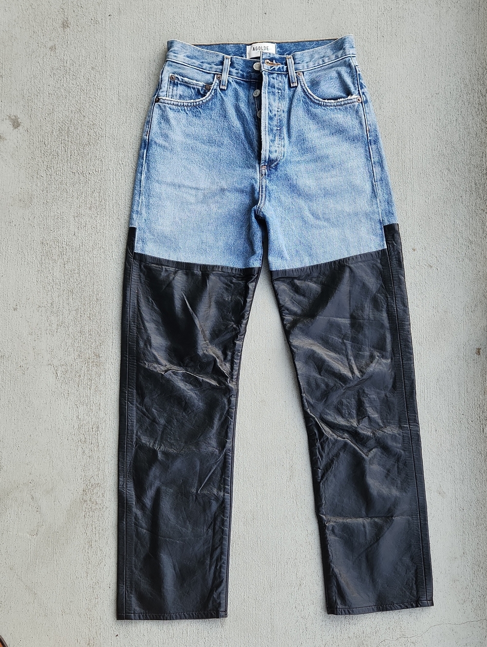 AGOLDE Two-Tone Jeans | Size 24 | Denim & Black Coated Wide Leg Pants